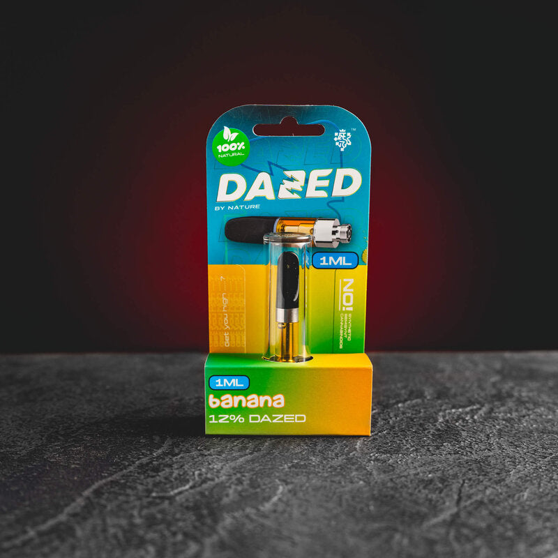 Картридж за изпарител dazed Banana 0.5 ml качество HHCpo vape Разпродажба Прага Пилзен Бърно групова снимка картридж банан етерични масла GABA