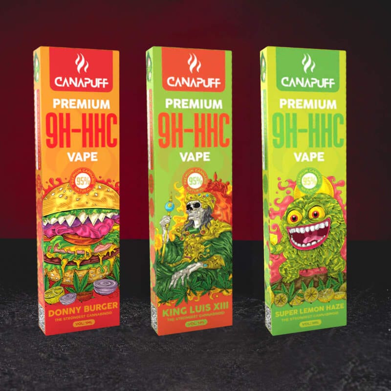 9H-HHC Vape 95% 1ml – първокласен вейп за еднократна употреба с иновативния канабиноид 9H-HHC във варианти Super Lemon Haze, Rainbow Runtz, King Luis XIII и Donny Burger