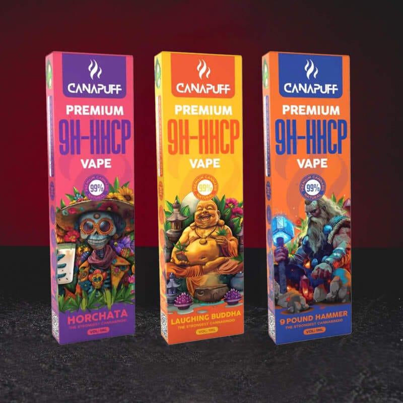 9H-HHCP Vape 99% 1ml – първокласен вейп за еднократна употреба с 9H-HHCP канабиноид във варианти 9 Pound Hammer, Laughing Buddha и Horchata