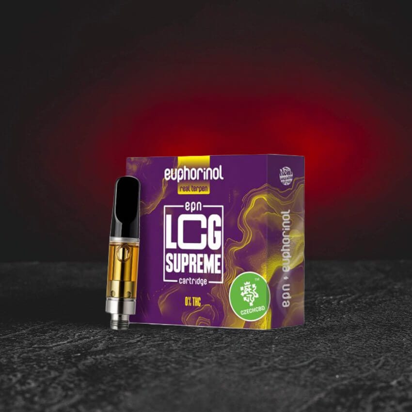prémiová EPN cartridge 1ml s inovativním polosyntetickým kanabinoidem EPN, výrazný strainový profil LCG Supreme, zaměřená na svěží, euforický a mentálně čistý efekt, moderní cartridge Kratom World