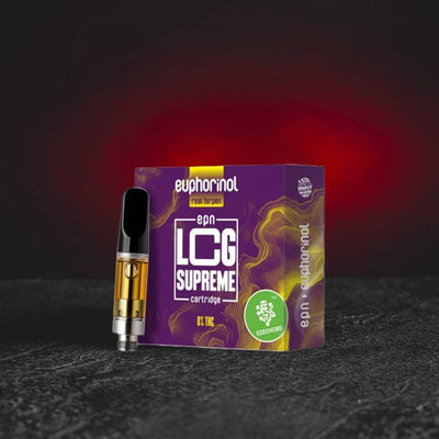 prémiová EPN cartridge 1ml s inovativním polosyntetickým kanabinoidem EPN, výrazný strainový profil LCG Supreme, zaměřená na svěží, euforický a mentálně čistý efekt, moderní cartridge Kratom World
