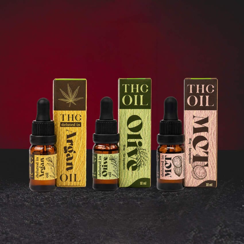TH Oil 10ml – колекция от пълноспектърни TH масла във варианти на зехтин, MCT кокос и арганово масло за козметична и техническа обработка, групова снимка