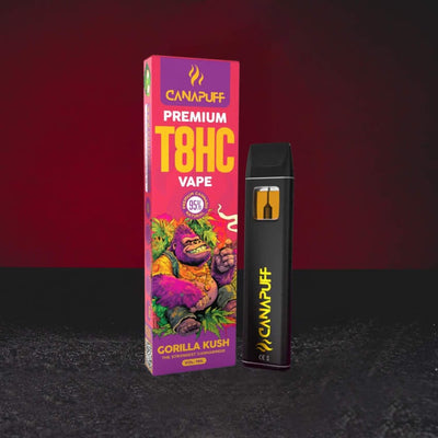 T8HC Vape 1 ml Gorilla Kush, jednorázový vape s pokročilým kanabinoidem T8HC, klasický kushový profil se zemitými a dřevitými tóny, hluboká relaxace a klidná atmosféra, dlouhotrvající vyvážený efekt, Kratom World prodej