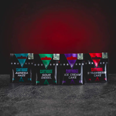 THF Cartridge kolekce příchutí Amnesia Haze, Ice Cream Cake, Sour Diesel a Strawberry Cake, prémiové cartridge s moderní formulí THF, výrazné terpenové profily, hladký potah, stylový design a vyvážený sběratelský efekt.