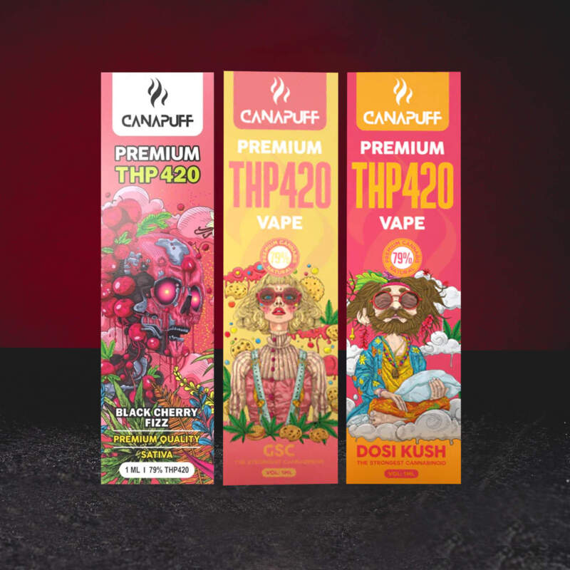 Групова снимка: THP420 Vape Pen 79% 1ml – първокласна вейп писалка за еднократна употреба с канабиноид THP420 във варианти Black Cherry Fizz, GSC и Dosi Kush