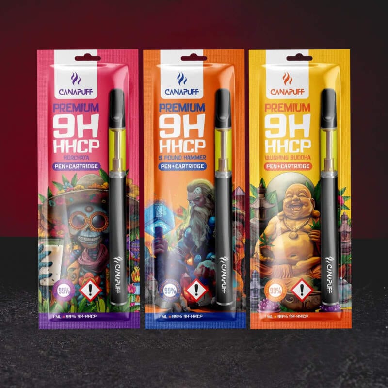 Vape Set 9H-HHCP 99% 1ml – премиум вейп комплект с 9H-HHCP канабиноид във варианти 9 Pound Hammer, Laughing Buddha и Horchata